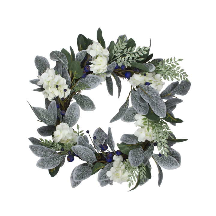 Iced Hydrangeas  Blueberries  and Foliage Artificial Christmas Wreath - 26 Inch  Unlit