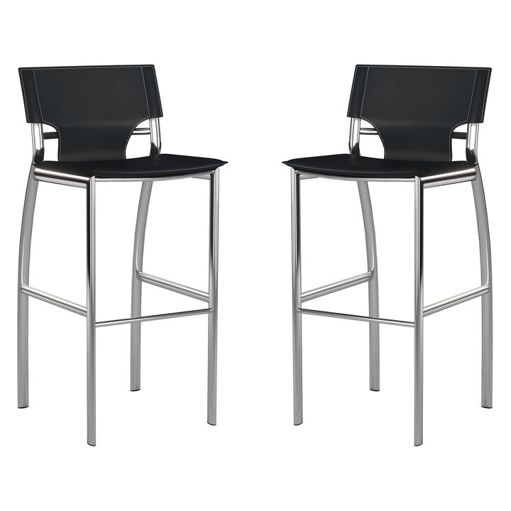 Illa 26 Inch Counter Height Chair, Set of 2, Chrome Base, Vegan Leather, Black - Benzara