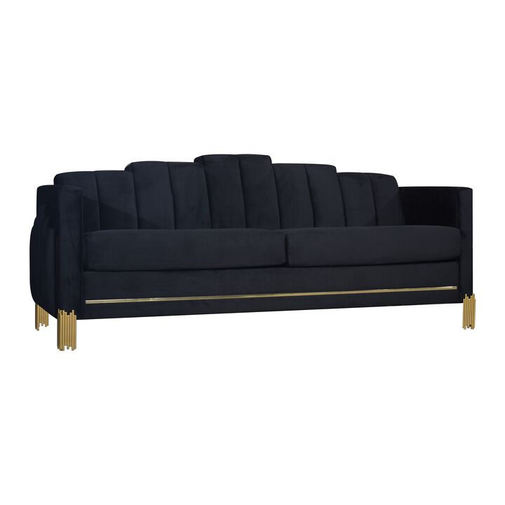 Theo Sofa, Black Velvet, Blue LED Lights, Gold Metal Legs, 83 Inch - Benzara