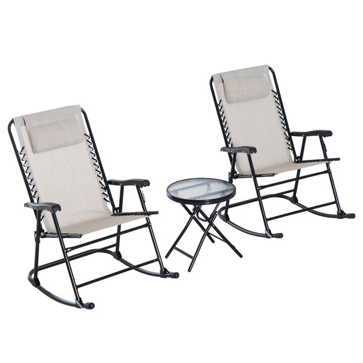 Cream White 3 Piece Outdoor Rocking Bistro Set, Patio Folding Chair Table Set with Glass Coffee Table for Yard, Patio, Deck, Backyard
