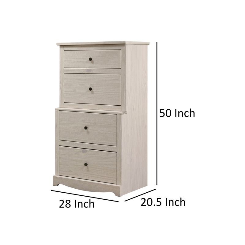 Stav Tall Dresser Chest with 4 Drawers, Plank Style, White Solid Wood