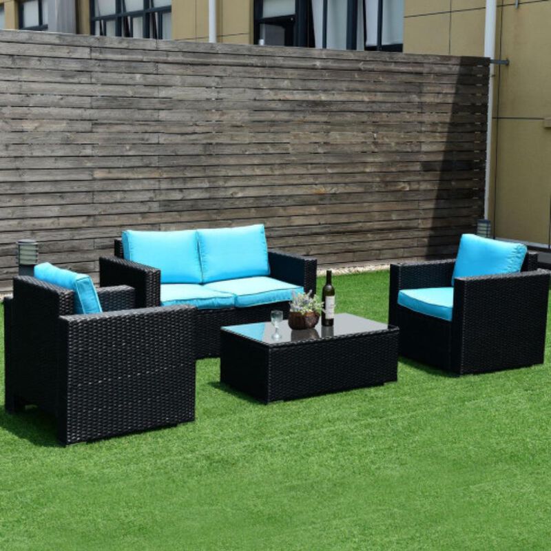 4PC Rattan Patio Furniture Set Outdoor Wicker With Blue Cushion-Blue