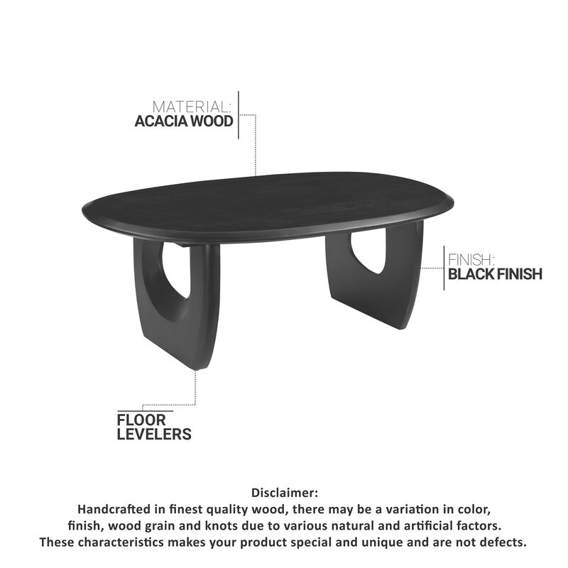 43 Inch Coffee Table, Handcrafted Acacia Wood, Cut Out Rounded Panel Legs, Black - Benzara