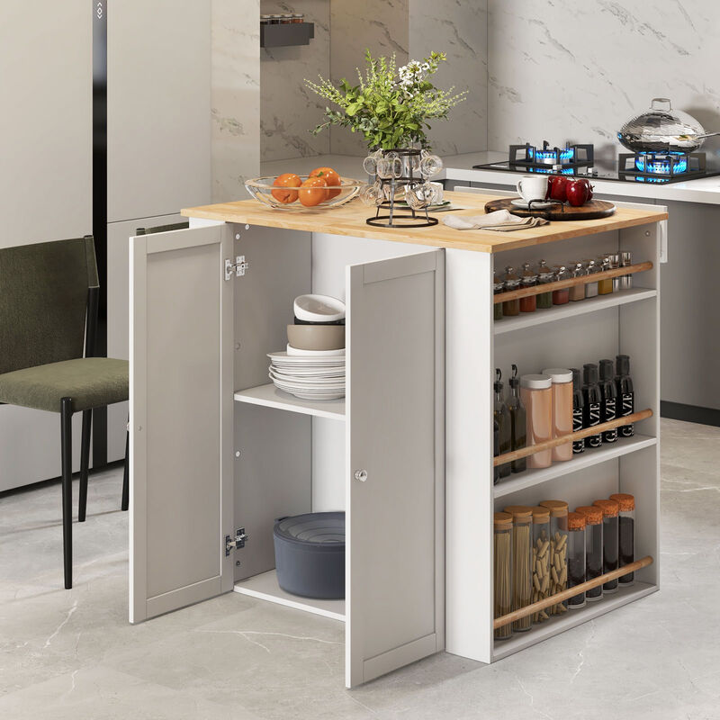 Modern Kitchen Island with Rubber Wood Countertop and Storage-White
