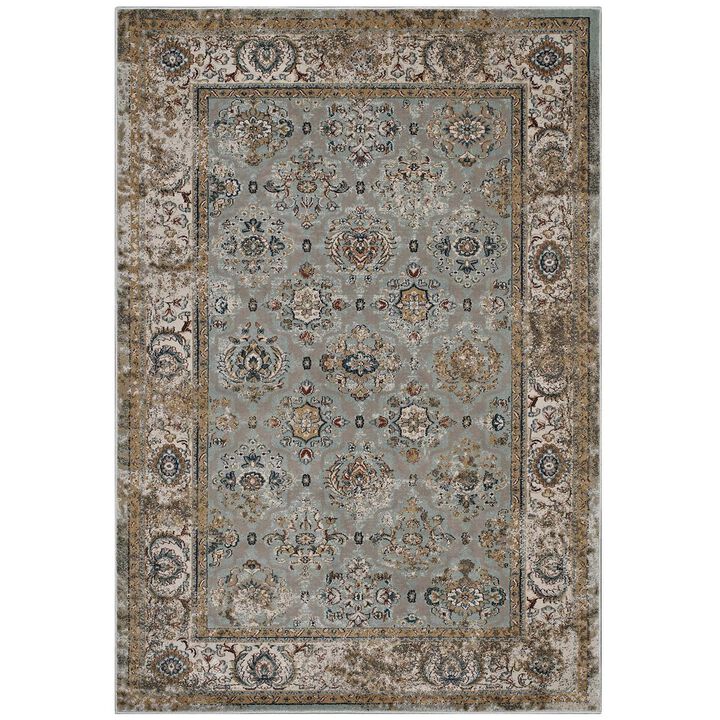 Hisa Distressed Vintage Floral Lattice 5x8 Area Rug - Silver Blue, Beige and Brown