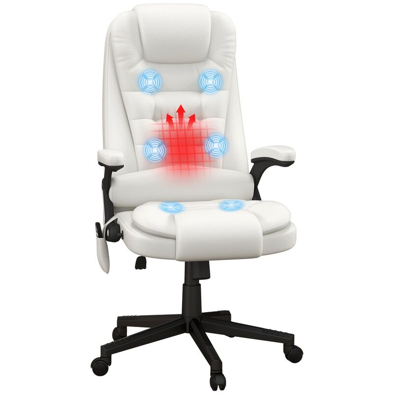 Heated Massage Office Chair, Heated Reclining Desk Chair with 6 Vibration Points, Armrest and Remote, White