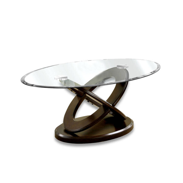 Oval Glass Top Coffee Table with Cross Oval Base, Brown and Clear