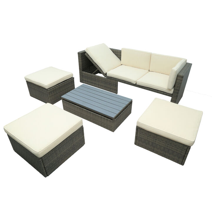 Patio Furniture Sets, 5-Piece Patio Wicker Sofa with Adjustable Backrest, Cushions, Ottomans and Lift Top Coffee Table