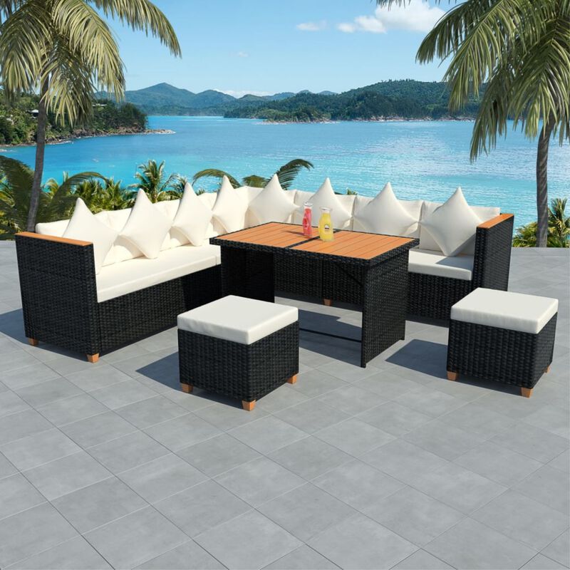 vidaXL 7 Piece Garden Lounge Set with Cushions Poly Rattan Black