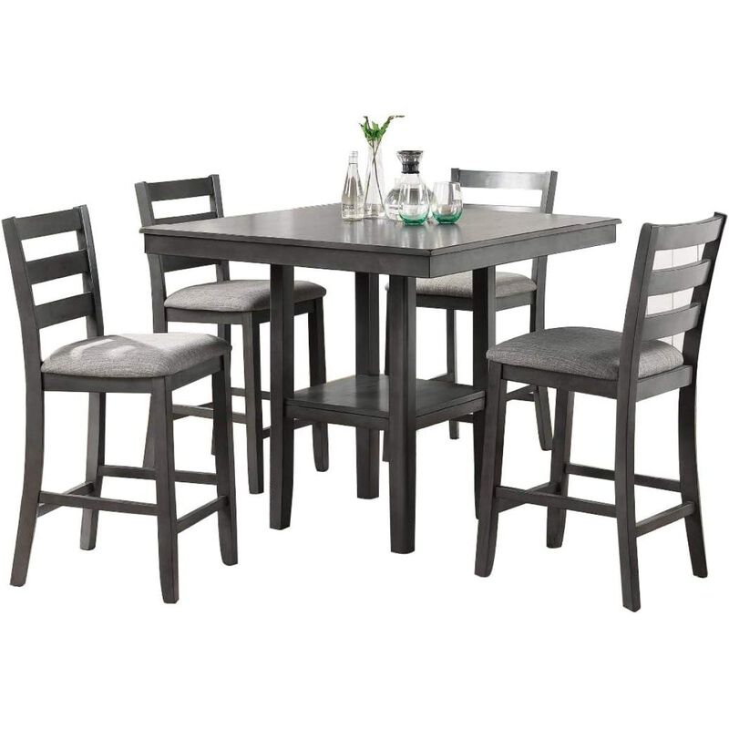 Classic Dining Room Furniture Gray Finish Counter Height 5pc Set Square Dining Table w Shelves Cushion Seat Ladder Back High Chairs Solid wood