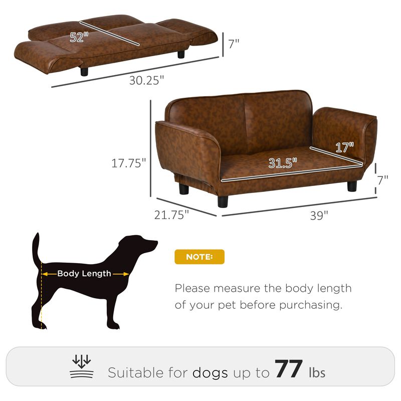 Brown Pet Lounger: 39" Foldable PU Leather Dog Sofa Bed