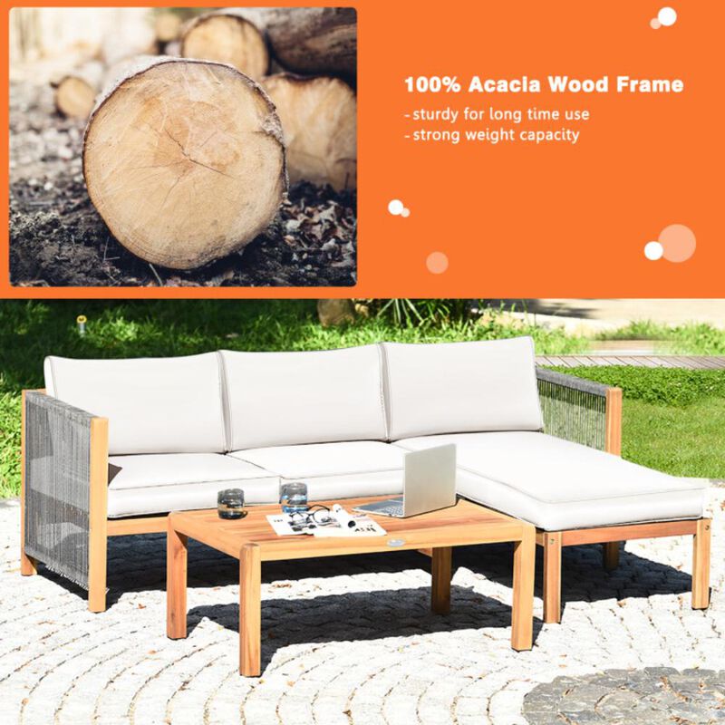 Hivvago 3 Pieces Patio Acacia Wood Sofa Furniture Set with Nylon Rope Armrest