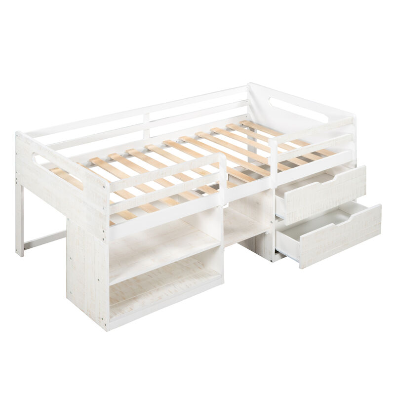 Twin size Loft Bed with Two Shelves and Two drawers (White)