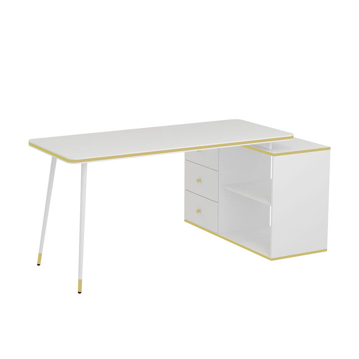 55.1 in. Width L-Shaped White & Golden Wooden 3-Drawer Writing Desk, Computer Desk with 2 Open Shelves