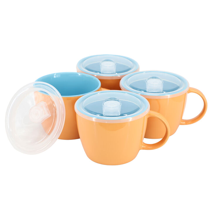 Gibson Home On The Go 4 Piece 25 Ounce Stoneware Soup Cup Set with Lid in Peach