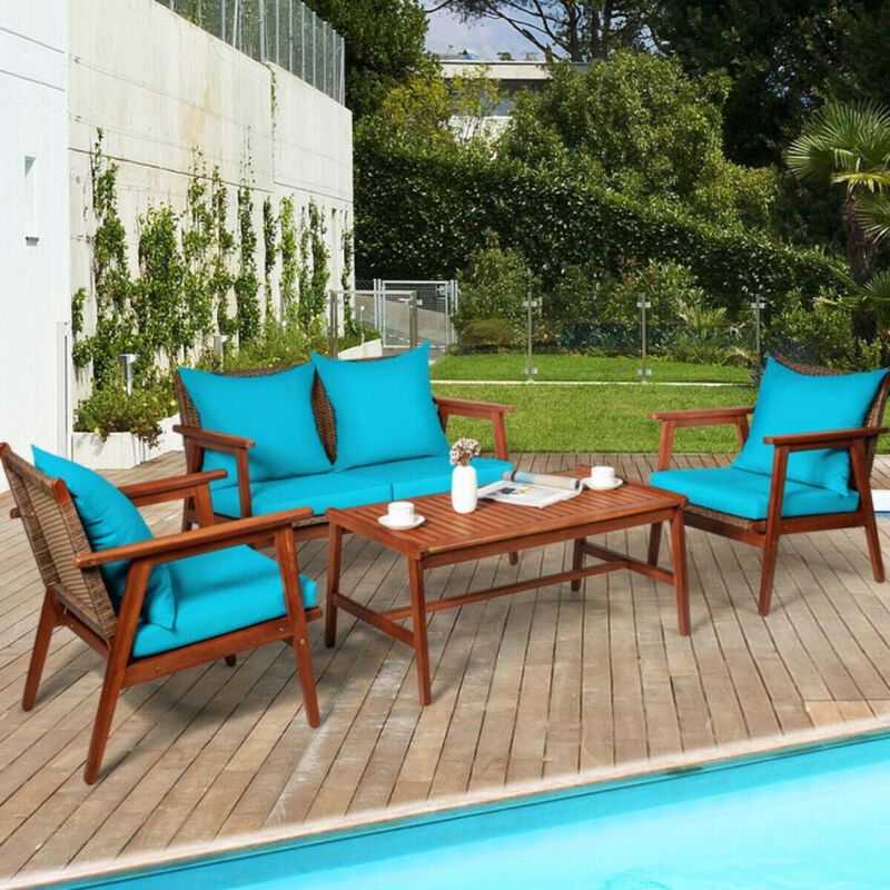 Hivvago 4 Pieces Acacia Wood Patio Rattan Furniture Set with Zippered Cushions