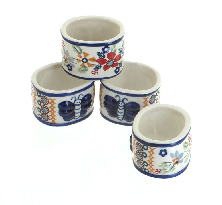 Blue Rose Polish Pottery Red Daisy Napkin Ring Set