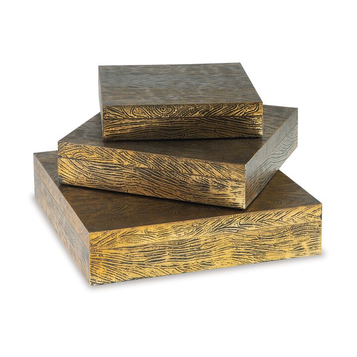 Lida Decorative Storage Box Set of 3, Wood and Brass Tone Metal Finish - Benzara