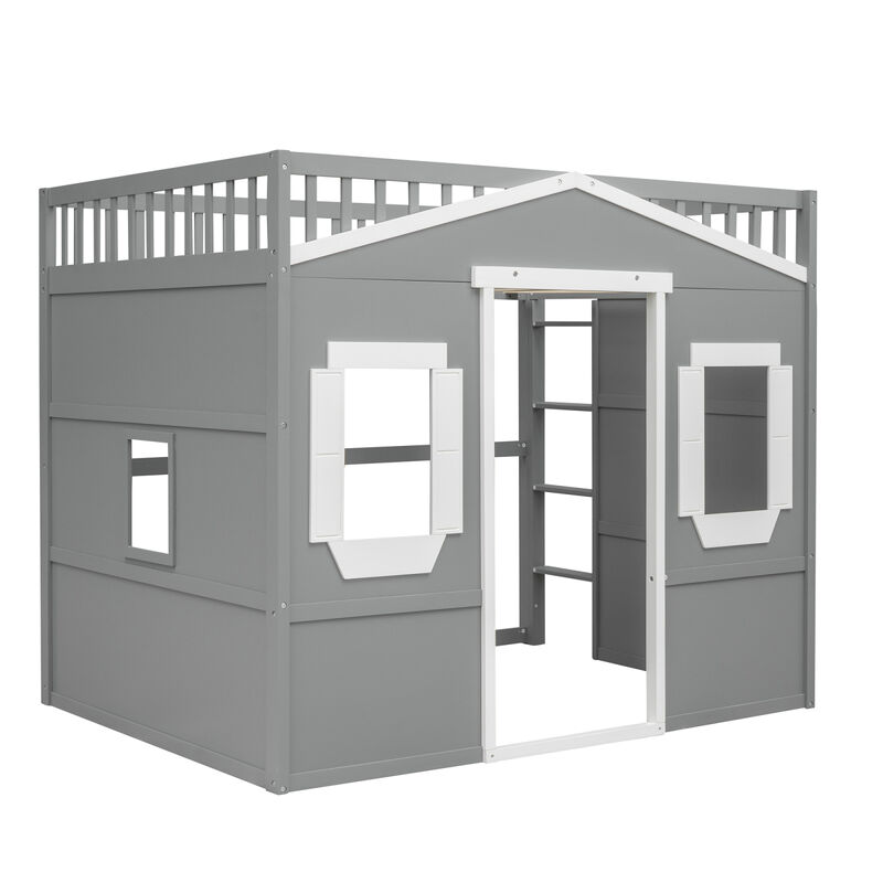 Full Size House Loft Bed With Ladder-Gray+White Frame