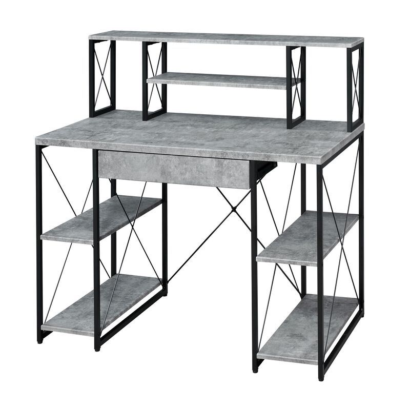 Metal Desk with 4 Open Bottom Shelves and Bookcase Hutch, Gray and Black-Benzara