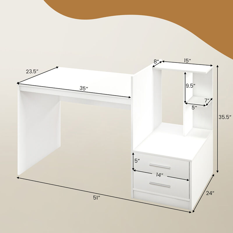 Costway Computer Desk Laptop Table Writing Study Desk Home Office with Bookshelf & Drawers