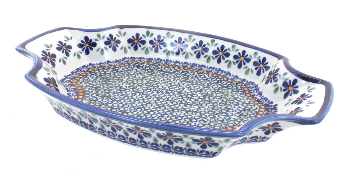 Blue Rose Polish Pottery Flowering Peacock Large Serving  Tray