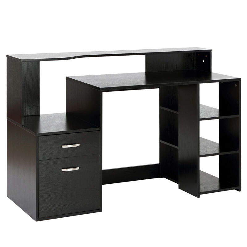 Efficient Corner Desk: 54" L-Shaped Black Workstation with Shelves & Drawers