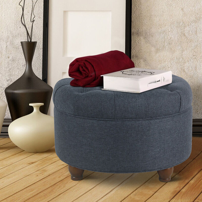 Fabric Upholstered Wooden Ottoman with Tufted Lift Off Lid Storage, Navy Blue - Benzara