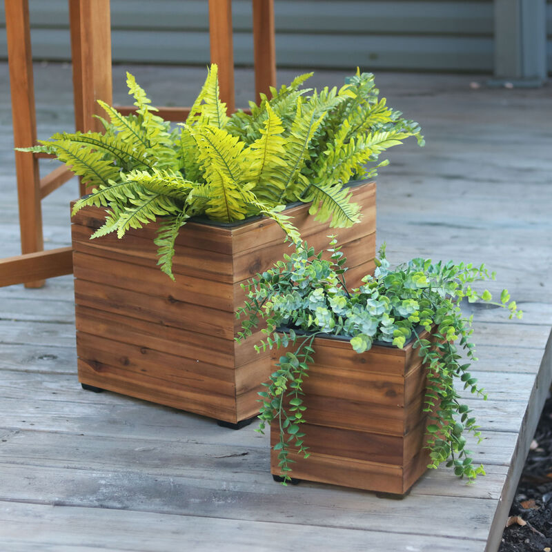 Sunnydaze 2-Piece Acacia Square Planter Boxes with Liners