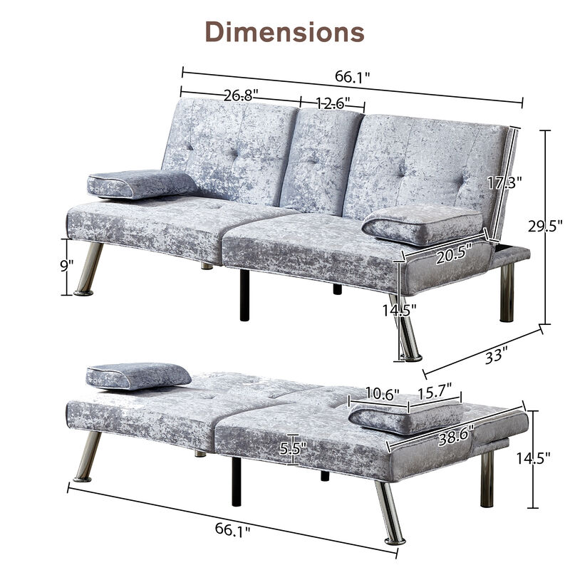 Gray Velvet Sofa Bed with Removable Armrests & Cup Holders