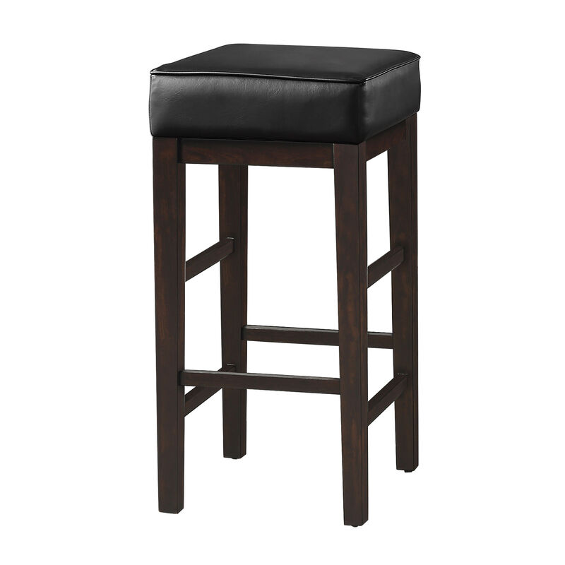 Vin 31 Inch Bar Height Stool, Black Faux Leather Seat, Dark Brown, Set of 2 - Benzara