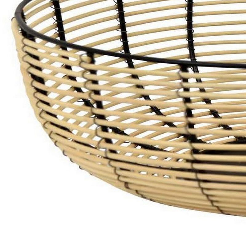 14 Inch Decorative Bowl, Accent Wired Woven Basket, Black, Natural Brown - Benzara