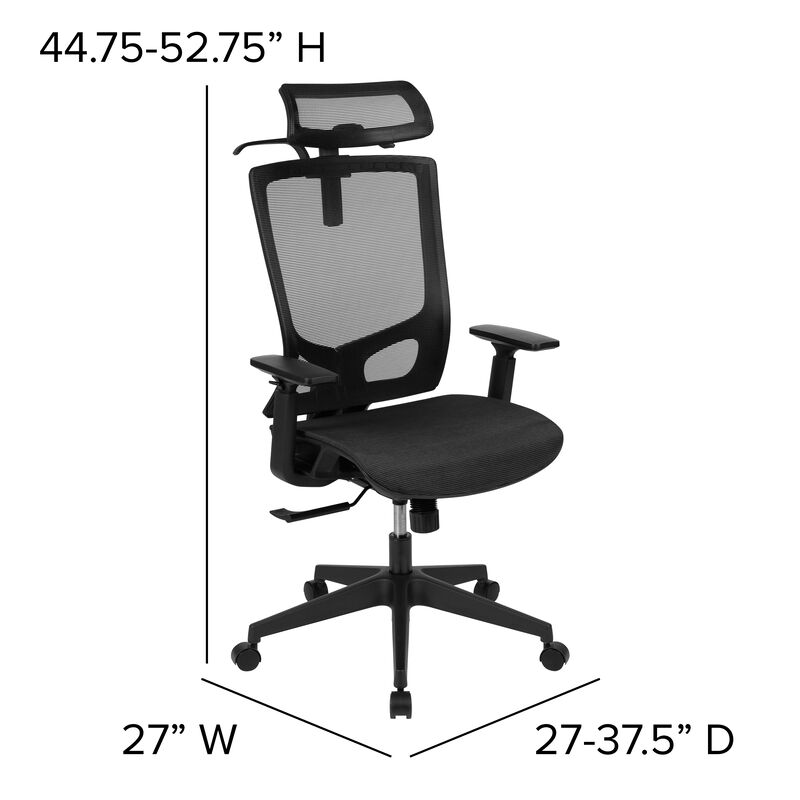 Layla Ergonomic Mesh Office Chair with Synchro-Tilt, Pivot Adjustable Headrest, Lumbar Support, Coat Hanger and Adjustable Arms in Black