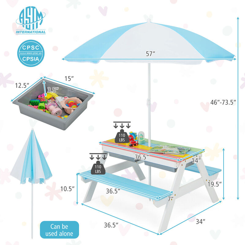 3-in-1 Kids Outdoor Picnic Water Sand Table with Umbrella Play Boxes in Blue
