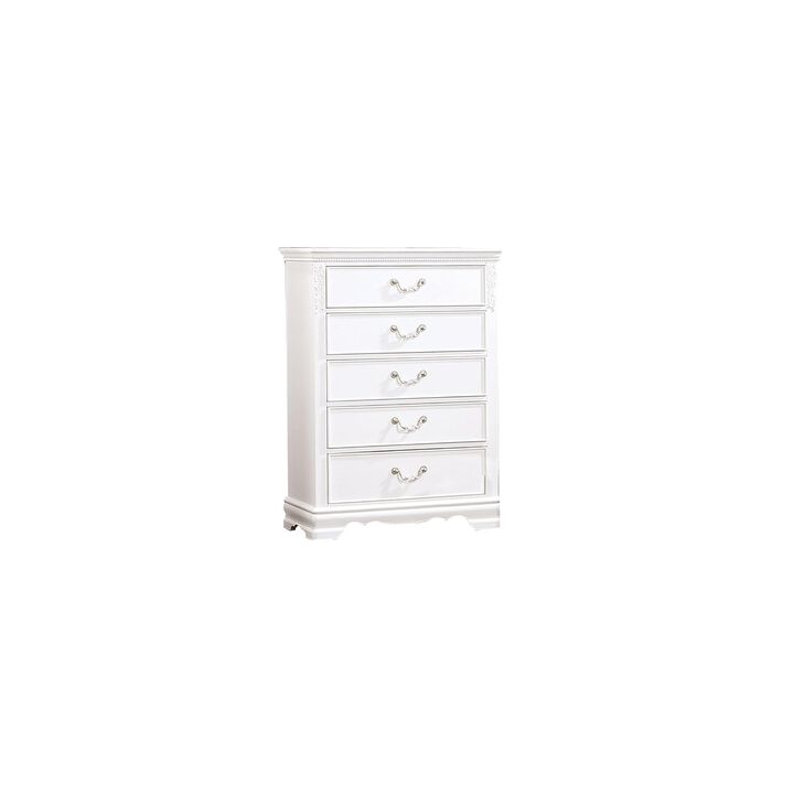 Benjara Aleci 48 Inch Tall Dresser Chest, 5 Drawers, Wood Carved, White and Nickel