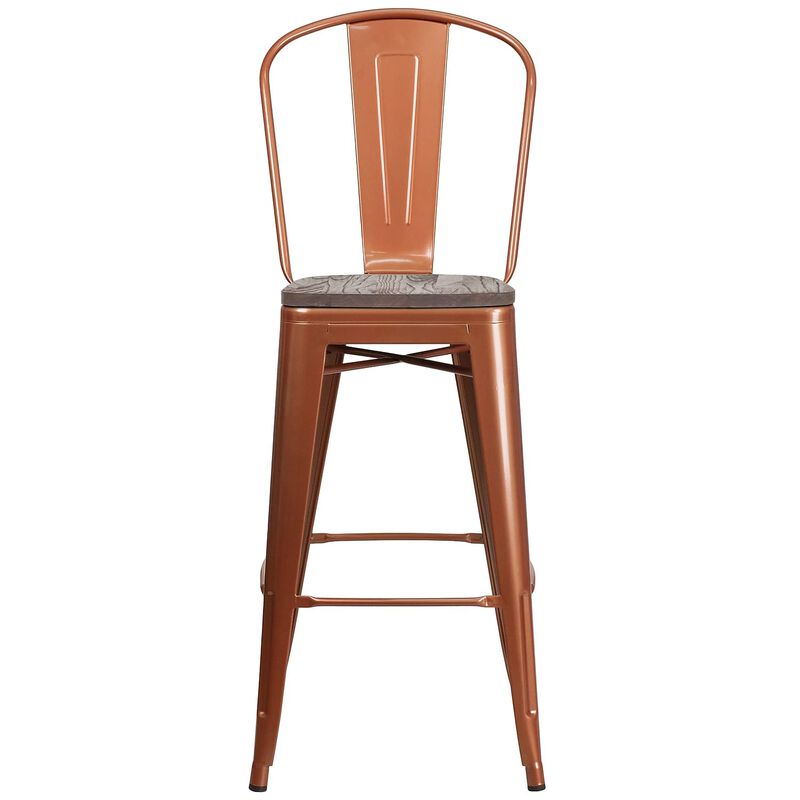 Flash Furniture 30" High Copper Metal Barstool with Back and Wood Seat