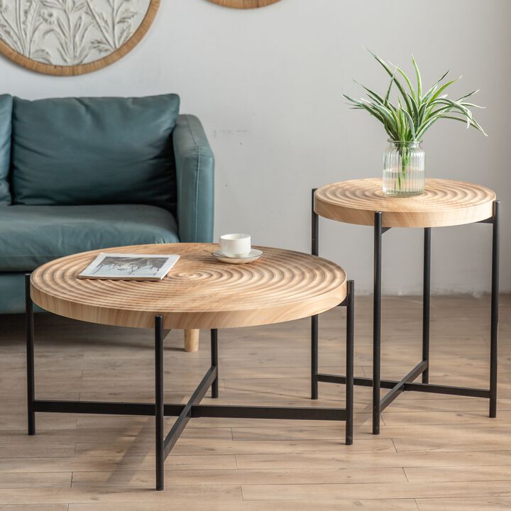 33" Modern Thread Design Round Coffee Table - MDF Table Top, Cross Legs Metal Base - Stylish, Contemporary Furniture