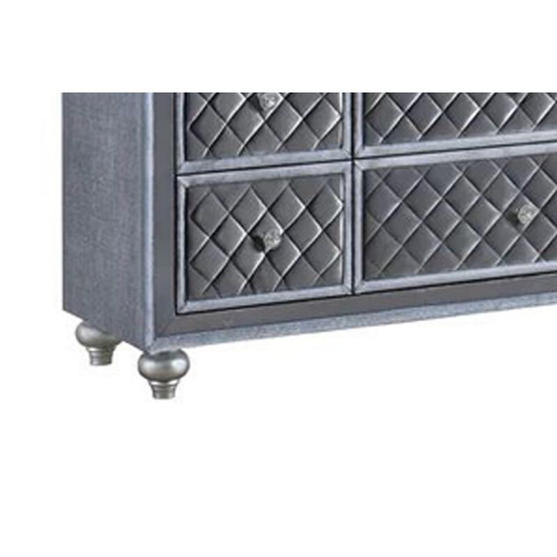 Benjara Rall 61 Inch Wide Dresser with Mirror, 9 Drawers, Modern, Turned Legs, Gray and Silver