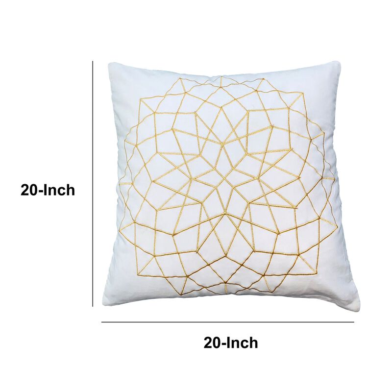 Hugo 20 x 20 Square Accent Throw Pillows, Embroidered Abstract Pattern, Set of 2, White, Gold-Benzara