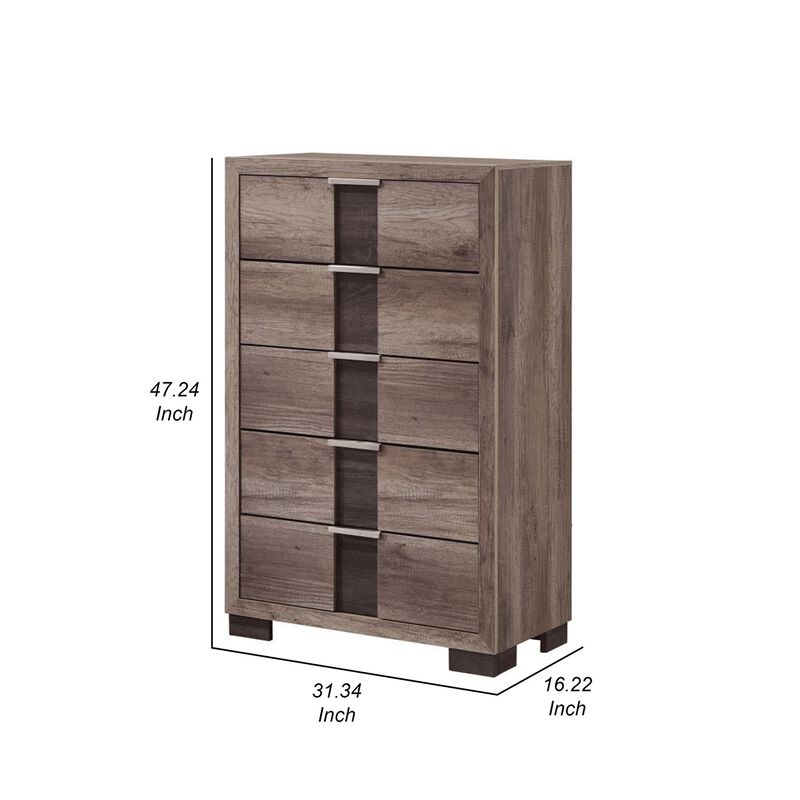 Rangley 47 Inch Tall Dresser Chest, Wood, 5 Drawers, Metal Handles, Brown - Benzara