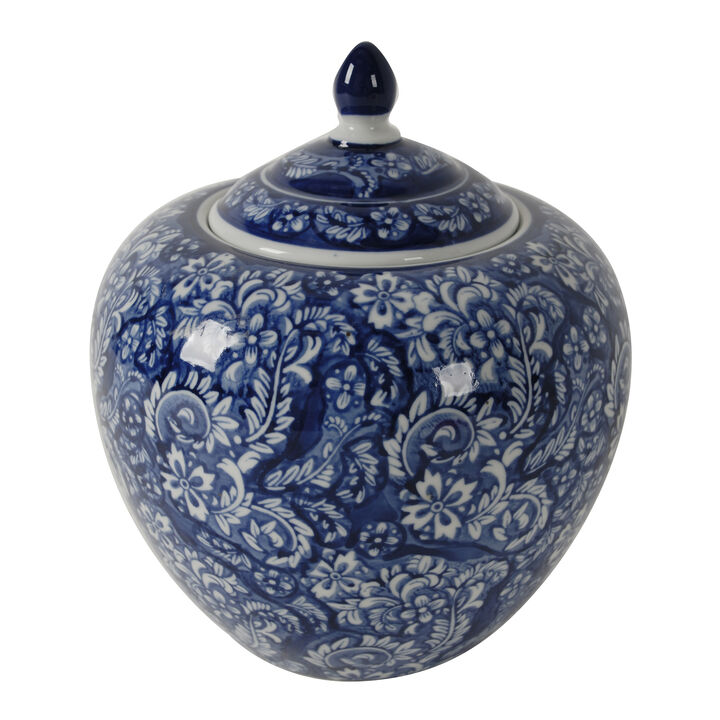 10 Inch Lidded Jar, Curved Round Persian Floral Print, Blue Porcelain - Benzara