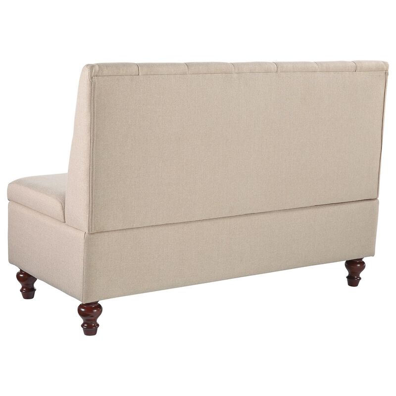 53 Inches Button Tufted Fabric Storage Bench with Turned Legs, Beige - Benzara