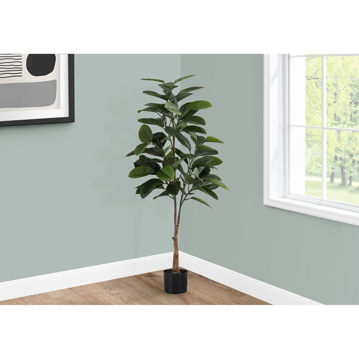 Monarch Specialties I 9514 - Artificial Plant, 52" Tall, Rubber Tree, Indoor, Faux, Fake, Floor, Greenery, Potted, Real Touch, Decorative, Green Leaves, Black Pot