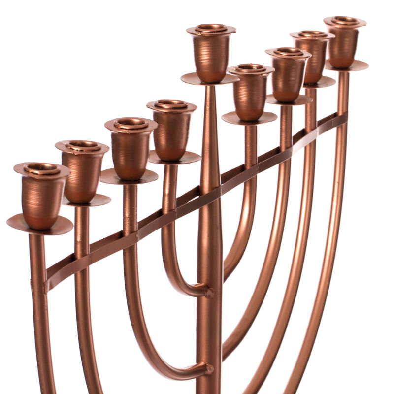 Modern Solid Metal Judaica Hanukkah Menorah 9 Branched Candelabra, Copper Medium