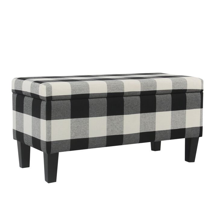 Checkered Pattern Fabric Upholstered Storage Bench With Tapered Wood Legs, Large, Black and White - Benzara