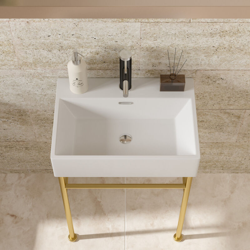 24" Bathroom Console Sink with Overflow, Ceramic Console Sink White Basin Gold Legs
