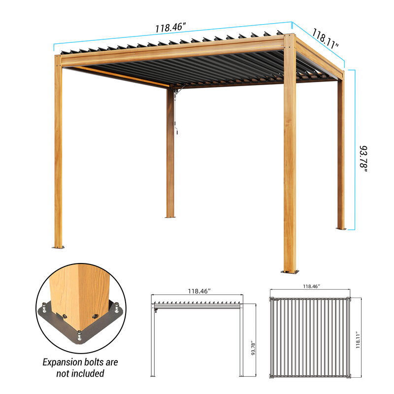 MONDAWE 10X10FT Outdoor Wood Looking Louvered Pergola Wood Grain Aluminum Pergola with Adjustable Roof for Patio, Deck, Garden