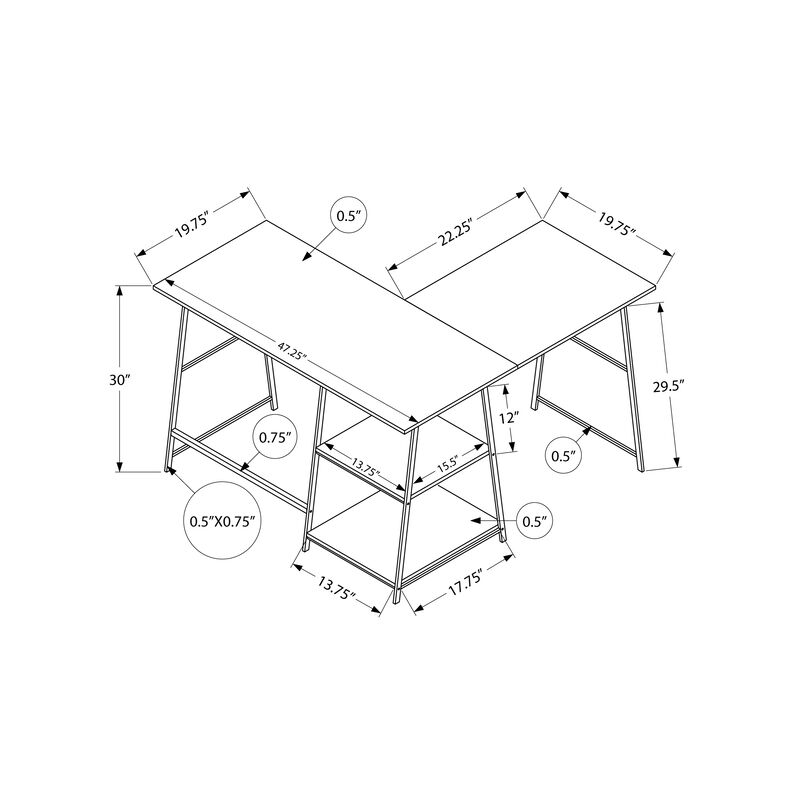 Monarch Specialties I 7597 Computer Desk, Home Office, Corner, Storage Shelves, 48"L, L Shape, Work, Laptop, Metal, Laminate, Natural, White, Contemporary, Modern