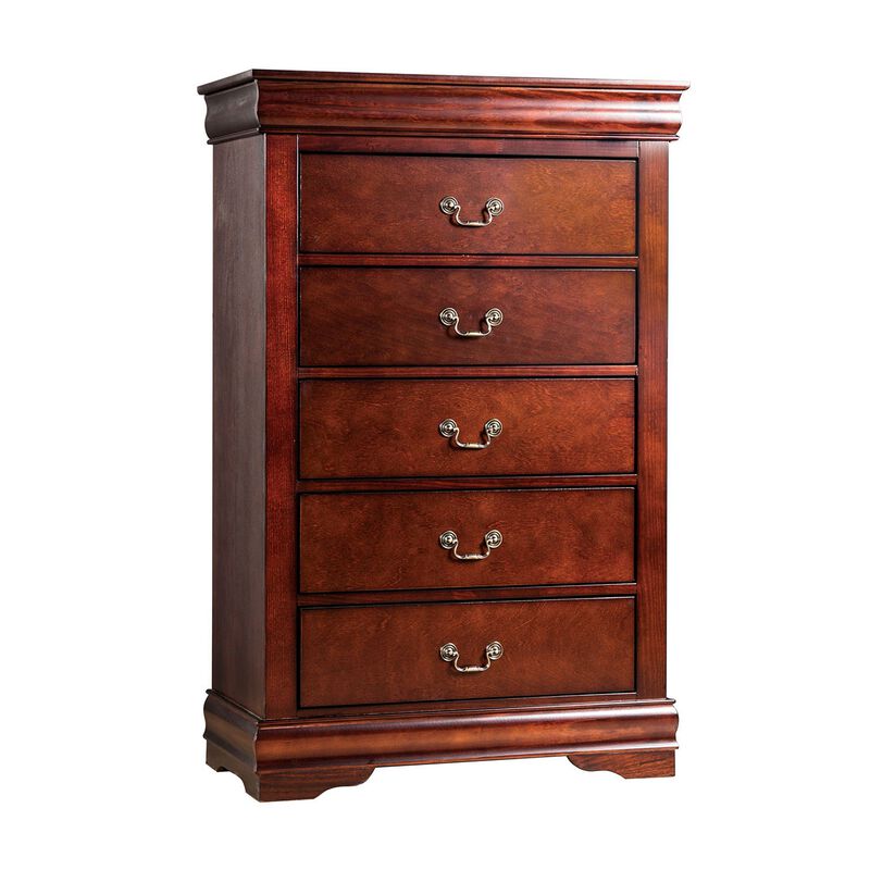 Ryla Tall Dresser Chest, 5 Drawers, Metal Handles, Cherry Brown Solid Wood