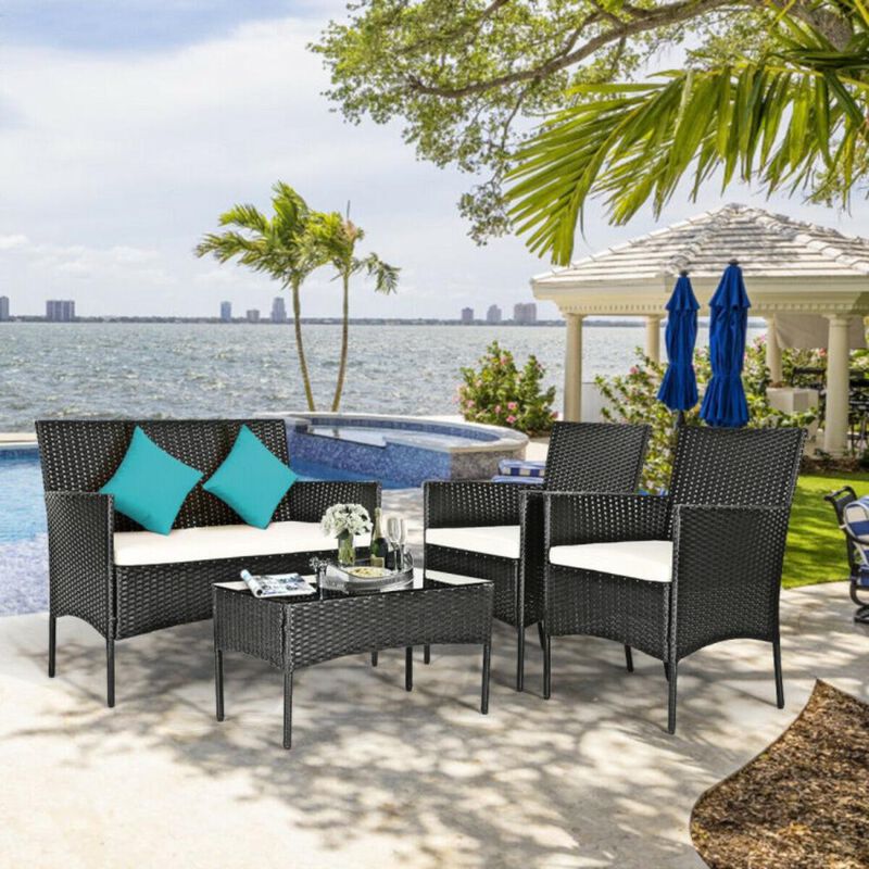 Hivvago 4 Pieces Patio Rattan Cushioned Sofa Set with Tempered Glass Coffee Table